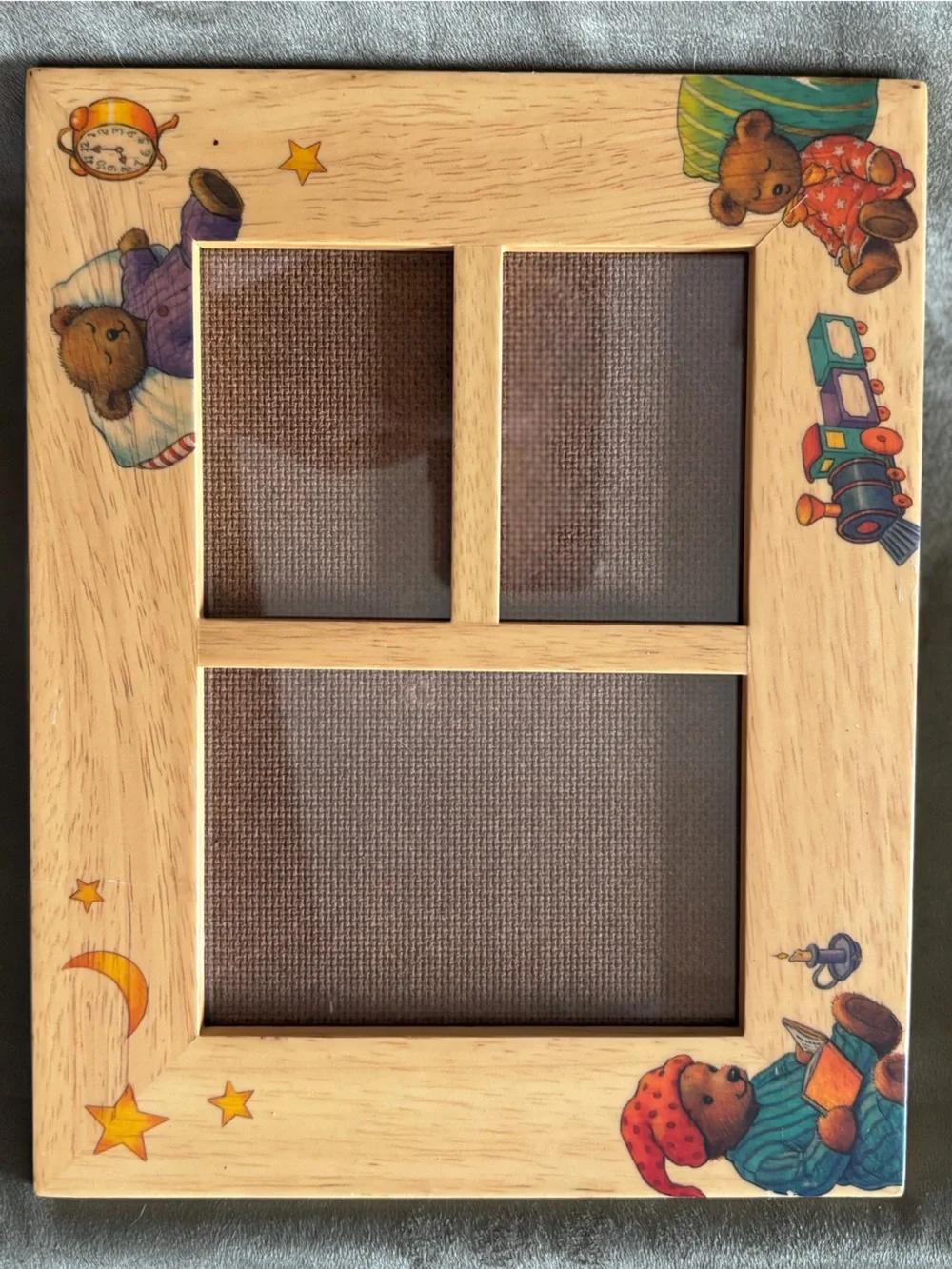 Rare Vintage 90s Handcrafted/Painted Triple Window Wooden Nursery Photo Frame
